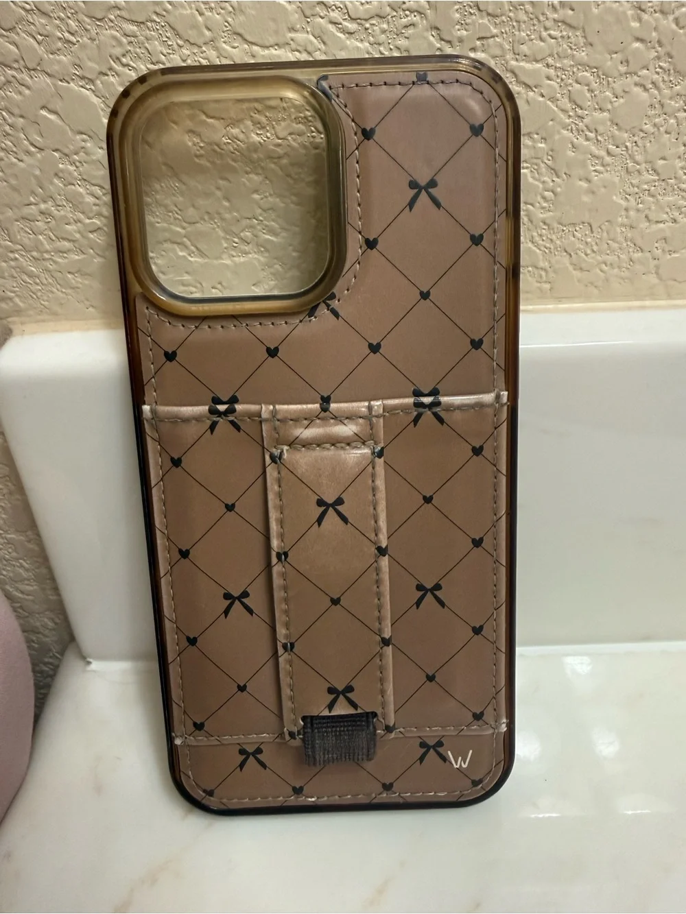 Tan Quilted-Pattern Phone Case with Hand Strap